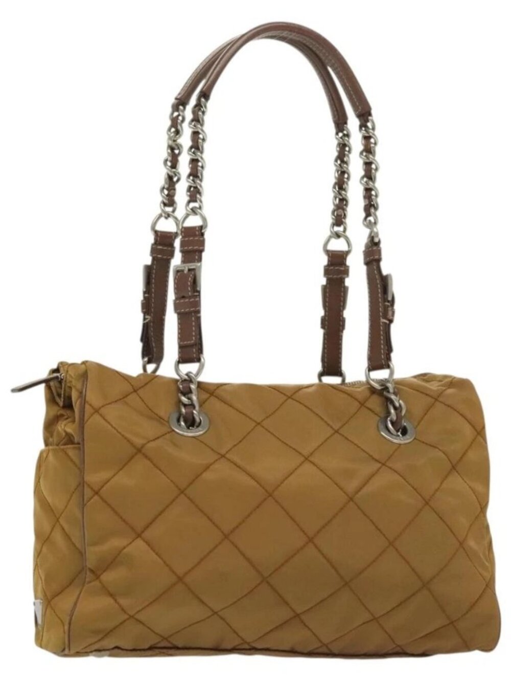 PRADA Chain Shoulder Bag Nylon Beige Silver Auth 140091